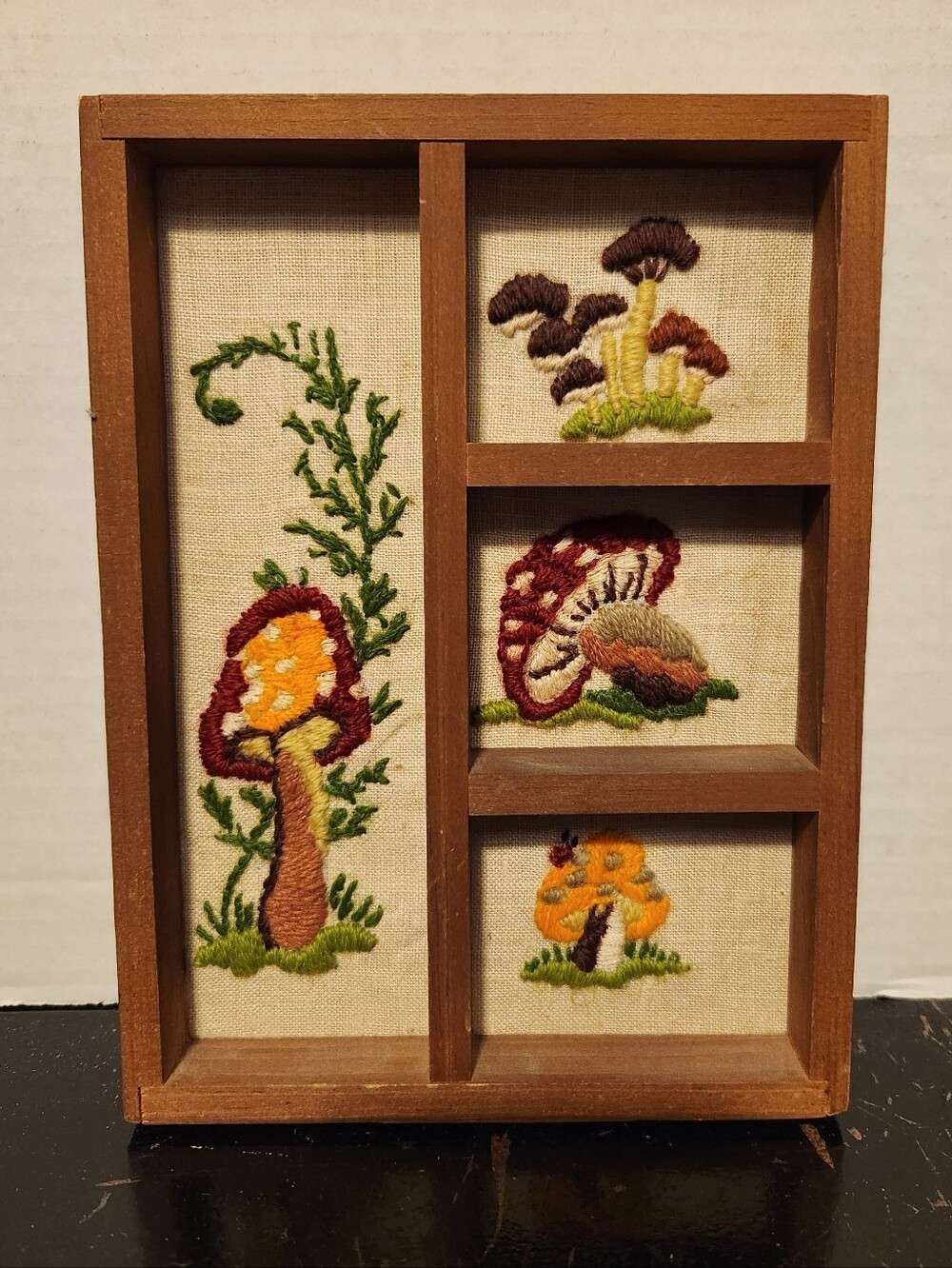 Vintage Mushroom Crewel Needlework Wood Shadow Box Wall Art MCM Desk Wall Decor